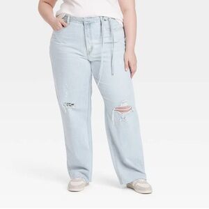 Women's Mid-Rise Tie-Waist Drawstring 90’s Baggy Jeans - Universal Thread Light